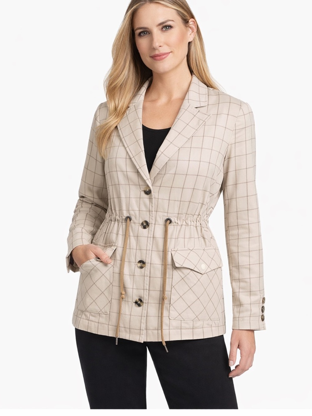 CAbi Plaid Utility Jacket Medium
Beige Drawstring Waist Lightweight Blazer